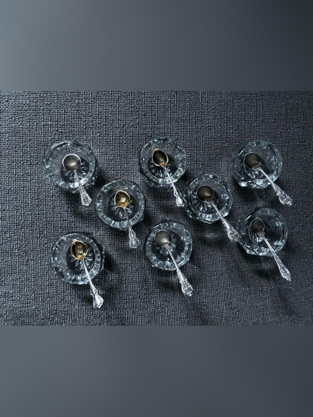 Vintage Crystal Salt Cellars and Serving Spoons